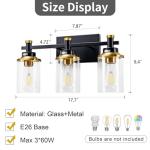 Aixialin 3 Light Bathroom Light Fixtures, Black and Brushed Gold Vanity Light Fixture Over Mirror, Modern Wall Sconces Lighting Wall Lamp for Bathroom, Bedroom, Hallway with Clear Glass Shade