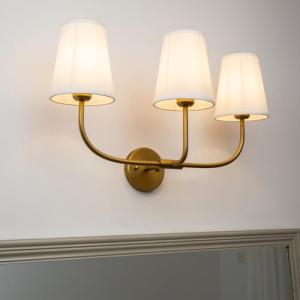 Pathson 3 Lights Fabric Wall Sconce Lamps Pure White Fabric Lampshade, Vintage Fabric Wall Vanity Light, E26 Bulb Base Brass Wall Lighting Fixtures Decor for Living Room