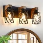 Farmhouse Bathroom Vanity Light, 3-Light Wood Bathroom Light Fixtures Over Mirror, Black Industrial Vanity Lights with Metal Shade, Rustic Bathroom Lighting for Bedroom Living Room Hallway