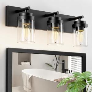 IZORRO Bathroom Vanity Light Fixture, 3-Light 22 Inch Matte Black Bathroom Light Fixtures Over Mirror, with Clear Glass Shade, Modern Farmhouse Vanity Lights, Rustic Restroom Lighting Fixtures