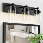 IZORRO Bathroom Vanity Light Fixture, 3-Light 22 Inch Matte Black Bathroom Light Fixtures Over Mirror, with Clear Glass Shade, Modern Farmhouse Vanity Lights, Rustic Restroom Lighting Fixtures