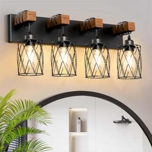 IZORRO Farmhouse Bathroom Vanity Light, 4-Light Wood Bathroom Light Fixtures Over Mirror, Black Industrial Vanity Lights with Metal Shade, Rustic Restroom Lighting Fixtures
