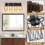 IZORRO Farmhouse Bathroom Vanity Light, 4-Light Wood Bathroom Light Fixtures Over Mirror, Black Industrial Vanity Lights with Metal Shade, Rustic Restroom Lighting Fixtures