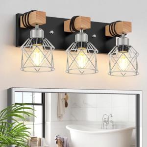 FadimiKoo 3-Light Wood Bathroom Light Fixtures Over Mirror, Rustic Black Silver Famhourse Sconces Wall Decor with Elegant Metal Lampshade for Living Room, Bedroom, Porch