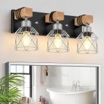 FadimiKoo 3-Light Wood Bathroom Light Fixtures Over Mirror, Rustic Black Silver Famhourse Sconces Wall Decor with Elegant Metal Lampshade for Living Room, Bedroom, Porch