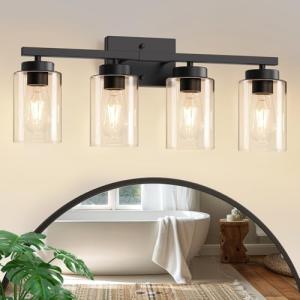 IZORRO Modern Bathroom Light Fixtures, 4 Light Black Vanity Lights, Bathroom Lighting Fixtures Over Mirror with Clear Glass for Living Room Cabinet Bedroom