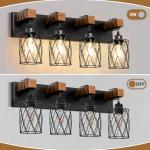 IZORRO Farmhouse Bathroom Vanity Light, 4-Light Wood Bathroom Light Fixtures Over Mirror, Black Industrial Vanity Lights with Metal Shade, Rustic Restroom Lighting Fixtures
