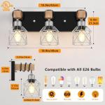 FadimiKoo 3-Light Wood Bathroom Light Fixtures Over Mirror, Rustic Black Silver Famhourse Sconces Wall Decor with Elegant Metal Lampshade for Living Room, Bedroom, Porch