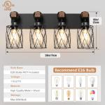 IZORRO Farmhouse Bathroom Vanity Light, 4-Light Wood Bathroom Light Fixtures Over Mirror, Black Industrial Vanity Lights with Metal Shade, Rustic Restroom Lighting Fixtures