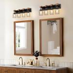 IZORRO Farmhouse Bathroom Vanity Light, 4-Light Wood Bathroom Light Fixtures Over Mirror, Black Industrial Vanity Lights with Metal Shade, Rustic Restroom Lighting Fixtures