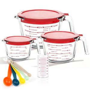 TAIMASI 9 Pcs Glass Measuring Cups Set with Lids, 4-Cup, 2-Cup, 1-Cup, 5 oz Liquid Measuring Cups & 5 Measuring Spoons | Microwave, Freezer & Dishwasher Safe