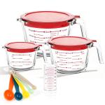 TAIMASI 9 Pcs Glass Measuring Cups Set with Lids, 4-Cup, 2-Cup, 1-Cup, 5 oz Liquid Measuring Cups & 5 Measuring Spoons | Microwave, Freezer & Dishwasher Safe