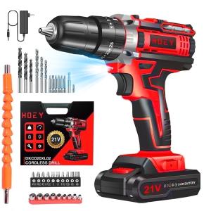 21V Cordless Drill Set,Electric Power Drill 34Pcs with 3/8 Inch Keyless Chuck, 25+3 Clutch Compact Driver Drill with Work Light, Max torque 45Nm, 2-Variable Speed & Battery and Fast Charger
