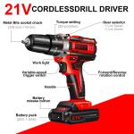 21V Cordless Drill Set,Electric Power Drill 34Pcs with 3/8 Inch Keyless Chuck, 25+3 Clutch Compact Driver Drill with Work Light, Max torque 45Nm, 2-Variable Speed & Battery and Fast Charger