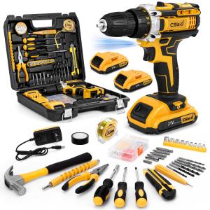 Cshidworld Tool Set with 21V Cordless Drill, Drill Set with 2 Batteries and Charger, 95PCS Electric Power Drill Tool Kit, Repair Tools Sets Combo Kits Storage Organizer Case for Men Women, Yellow