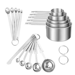 Measuring Cups and Spoons Set of 16, 5 Stainless Steel Nesting Measuring Cups & 5 Spoons, 1 + Leveler & 5 Mini Measuring Spoons for Cooking & Baking