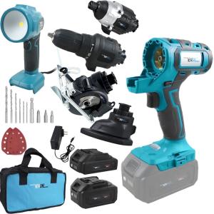 NEWONE Cordless Power Tool Combo Kit 18V 5 Attachments Work Light, Circular Saw, Palm Sander, Drill, Impact Driver 2 Batteries and Fast Charger Cordless Power Tool Set ﻿