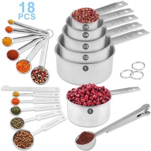 WEPSEN 18-Piece Stainless Steel Measuring Cups and Spoons Set,5 Stainless Steel Nesting Measuring Cups & 6 Spoons,1 Leveler & 5Mini Measuring Spoons,1Tbsp Coffee Scoop with Clip for Cooking & Baking
