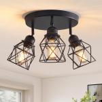 DONGPAI Semi Flush Mount Ceiling Light with E26 Base, Adjustable Multi-Directional Kitchen Ceiling Light Fixture, Farmhouse Black Metal Cage Ceiling Lamp for Dining Room Bedroom Hallway(No Bulbs)