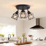 DONGPAI Semi Flush Mount Ceiling Light with E26 Base, Adjustable Multi-Directional Kitchen Ceiling Light Fixture, Farmhouse Black Metal Cage Ceiling Lamp for Dining Room Bedroom Hallway(No Bulbs)