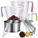 LUIISIS 14-Piece Measuring Cups and Spoons Set, Nesting Stainless Steel Measuring Cups Spoons with Plastic Measuring Cup for Dry and Liquid Ingredients, Kitchen Cooking & Baking Gadgets