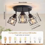 DONGPAI Semi Flush Mount Ceiling Light with E26 Base, Adjustable Multi-Directional Kitchen Ceiling Light Fixture, Farmhouse Black Metal Cage Ceiling Lamp for Dining Room Bedroom Hallway(No Bulbs)