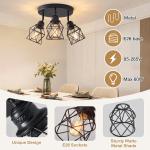 DONGPAI Semi Flush Mount Ceiling Light with E26 Base, Adjustable Multi-Directional Kitchen Ceiling Light Fixture, Farmhouse Black Metal Cage Ceiling Lamp for Dining Room Bedroom Hallway(No Bulbs)