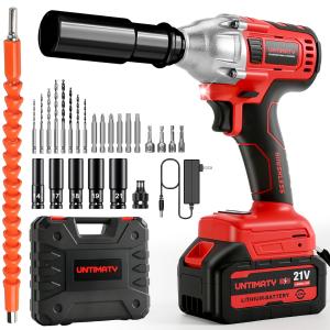 Cordless Impact Wrench, UNTIMATY 1/2 inch Brushless Impact Gun, Max Torque 320 Ft-lbs（430N.m） Impact Wrench with 21V Brushless Motor, with 3.0Ah Li-ion Battery & 7 Sockets,Red