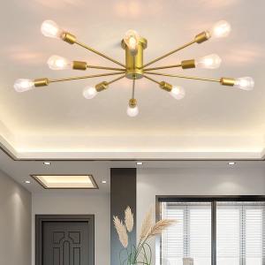 Garwarm 10 Lights Modern Sputnik Ceiling Chandelier Gold Industrial Ceiling Lamp Mid Century Semi Flush Mount Ceiling Light Fixture for Kitchen Dining Room Living Room Bedroom Foyer Lighting