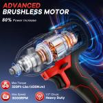 Cordless Impact Wrench, UNTIMATY 1/2 inch Brushless Impact Gun, Max Torque 320 Ft-lbs（430N.m） Impact Wrench with 21V Brushless Motor, with 3.0Ah Li-ion Battery & 7 Sockets,Red