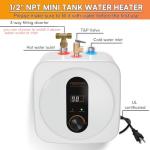 KENUOS Under Sink Instant Hot Water Heater,2.5 Gallon Mini Tank Water Heaters with LED Display,1500W 120V Small Water Heater 1/2" NPT for RV,Kitchen,Compact Design with T&P Valve,3-Way Fitting Valve