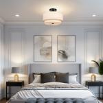 FRIDEKO HOME 12.6inch Semi Flush Mount Ceiling Light, 3-Light Ceiling Light with 2-Layer Linen Fabric Shade, Farmhouse Drum Ceiling Lighting for Bedroom Hallyway Living Room Kitchen(Withou Bulb)