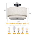 FRIDEKO HOME 12.6inch Semi Flush Mount Ceiling Light, 3-Light Ceiling Light with 2-Layer Linen Fabric Shade, Farmhouse Drum Ceiling Lighting for Bedroom Hallyway Living Room Kitchen(Withou Bulb)