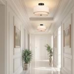 FRIDEKO HOME 12.6inch Semi Flush Mount Ceiling Light, 3-Light Ceiling Light with 2-Layer Linen Fabric Shade, Farmhouse Drum Ceiling Lighting for Bedroom Hallyway Living Room Kitchen(Withou Bulb)