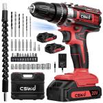Cshidworld 20V Cordless Power Drill Set, Drill Kit with 2 Lithium-Ion & Charger, 3/8" Keyless Chuck, Electric Drill W/ 2 Variable Speed & LED Light, 25+1 Position and 34pcs Drill/Driver Bits(Red)