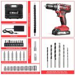 Cshidworld 20V Cordless Power Drill Set, Drill Kit with 2 Lithium-Ion & Charger, 3/8" Keyless Chuck, Electric Drill W/ 2 Variable Speed & LED Light, 25+1 Position and 34pcs Drill/Driver Bits(Red)