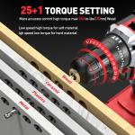 Cshidworld 20V Cordless Power Drill Set, Drill Kit with 2 Lithium-Ion & Charger, 3/8" Keyless Chuck, Electric Drill W/ 2 Variable Speed & LED Light, 25+1 Position and 34pcs Drill/Driver Bits(Red)