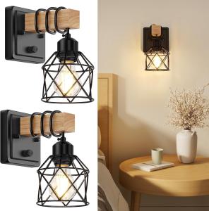 Dimmable Wall Sconces with Rotary Switch Set of 2 Wall Lights Wall Mounted Lamp Wooden Bathroom Light Fixtures with Metal Cage Hardwired Farmhouse Wall Lights for Bedroom Living Room
