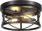 2-Light Flush Mount Ceiling Light Fixture Industrial Black Metal Farmhouse Close to Ceiling Lights for Kitchen Bedroom Foyer