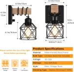 Dimmable Wall Sconces with Rotary Switch Set of 2 Wall Lights Wall Mounted Lamp Wooden Bathroom Light Fixtures with Metal Cage Hardwired Farmhouse Wall Lights for Bedroom Living Room