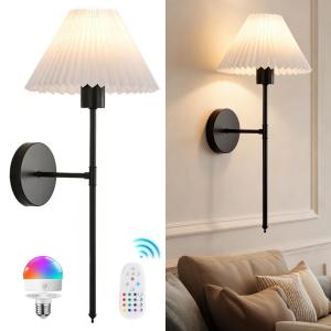 Gijjgole Battery Operated Wall Sconce, Black Rechargeable Wall Lights with Dimmable Detachable Bulbs and Remote, 16 Colors Wireless Wall Lamps for Bedroom Living Room Hallway Decor