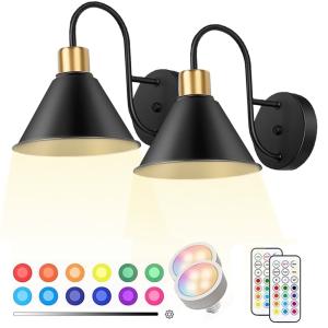 Jercoda 2 pack LED Battery Operated Wireless Wall Sconces with Remote Control, Arm Wall Lights, Industrial Black Metal Lampshade Rechargeable Wall Lamps for Bedroom, Living Room, Kitchen, Set of 2