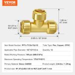 VEVOR Pipe Fittings, 1/2" 12PCS Tee Brass Pipe Fittings, Push-Fit Pipe Connector Brass Air Fittings, Heavy Duty Plumbing Fittings Adapter for Heating/Shower Systems, Water Pipes