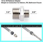 1/2 to 3/8 Reducer Faucet Adapter - Compression Brass Pipe Fitting, 3/8 Male to 1/2 Male Supply Line Adapter for RV Kitchen Plumbing, Water Hose Pipe Connector with Rubber Washer, (2 Pack)