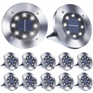 Toodour 12 Pack Solar Ground Lights Outdoor, 8 LED Waterproof Solar Disk Lights for Garden Landscape Pathway Yard Deck Lawn Patio Walkway, White