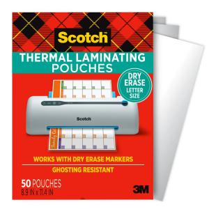 Scotch dry erase Thermal Laminating Pouches, 50-Pack, Works with Dry Erase Markers, Reuseable Worksheets, Calendars, Checklists, 8.9 x 11.4 Inches, Letter Size, Clear Professional Finish (TP3854-50DE)