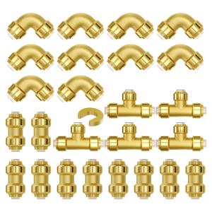 VEVOR Pipe Fittings, 1/2" 25PCS (10xStraight, 10xElbows, 5xTees) Brass Pipe Fittings, Push-Fit Pipe Connector Brass Air Fittings, Plumbing Fittings Adapter for Heating/Shower Systems, Water Pipes