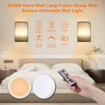 Neoglint Wall Sconces Set of 2, Battery Operated Wall Lamp 16 RGB Colors Changeable Dimmable Wall Light Fixtures with Fabric Linen Shade for Bedroom Living Room Hallway