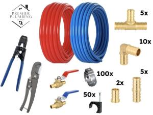 3/4" Pex-B Pipe 2x50ft Rolls (Red+Blue) Clamp Fittings Crimper Plumbing Kit