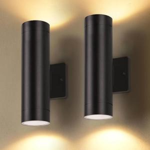 Dusk to Dawn Outdoor Wall Lights, 16W Integrated LED Cylinder Up-Down Sconce, 3000K Waterproof Aluminum Exterior Lighting, Matte Black Modern Porch and Entryway Wall Light Fixture, 2 Pack$$Tools &